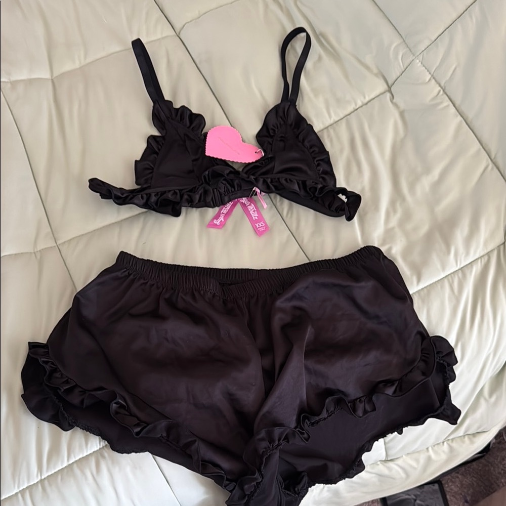 Dolls Kill Black Ruffle Bralette & Shorts Sleep Set